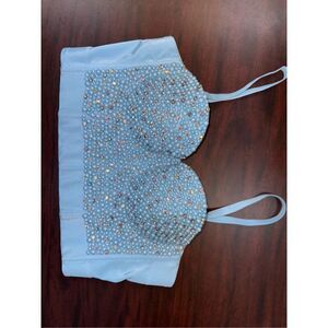 NWT The Sang Light Blue Bustier Pearl and Rhinestone Top Size Large